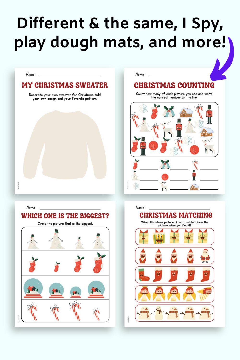 text "different and the same, I spy, play dough mats, and more!" with a preview of four actiivty pages