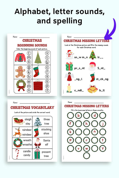 text "alphabet, letter sounds, and spelling" with a preview of four activity pages