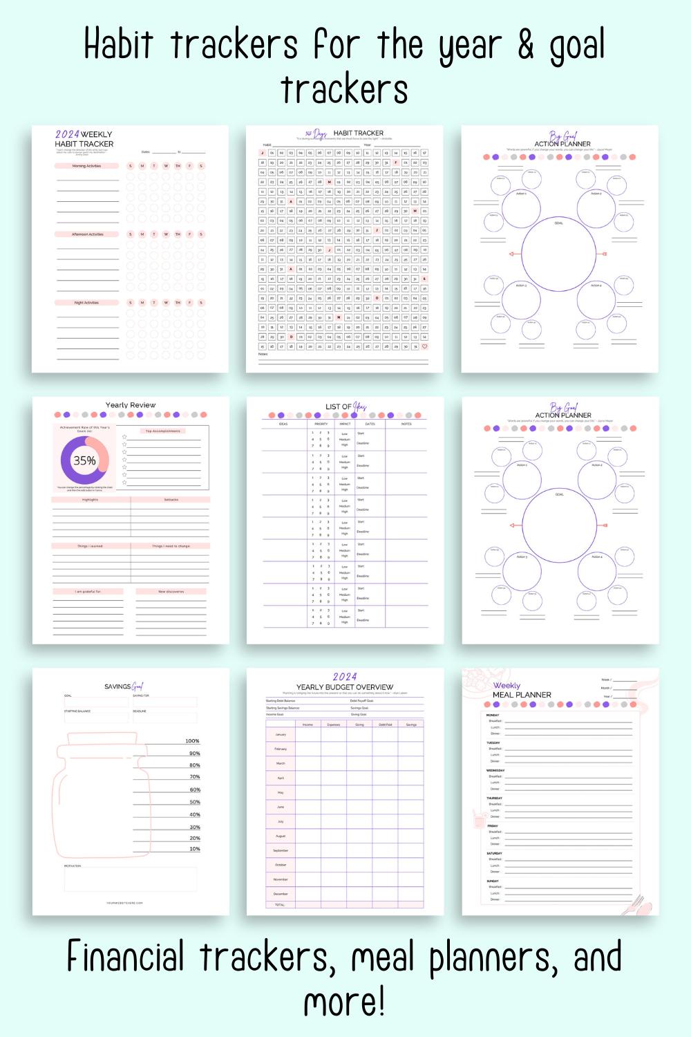 Text "Habit trackers for the year & goal trackers" and financial trackers, meal planners, and more!" with a preview of nine sheets from a printable planner