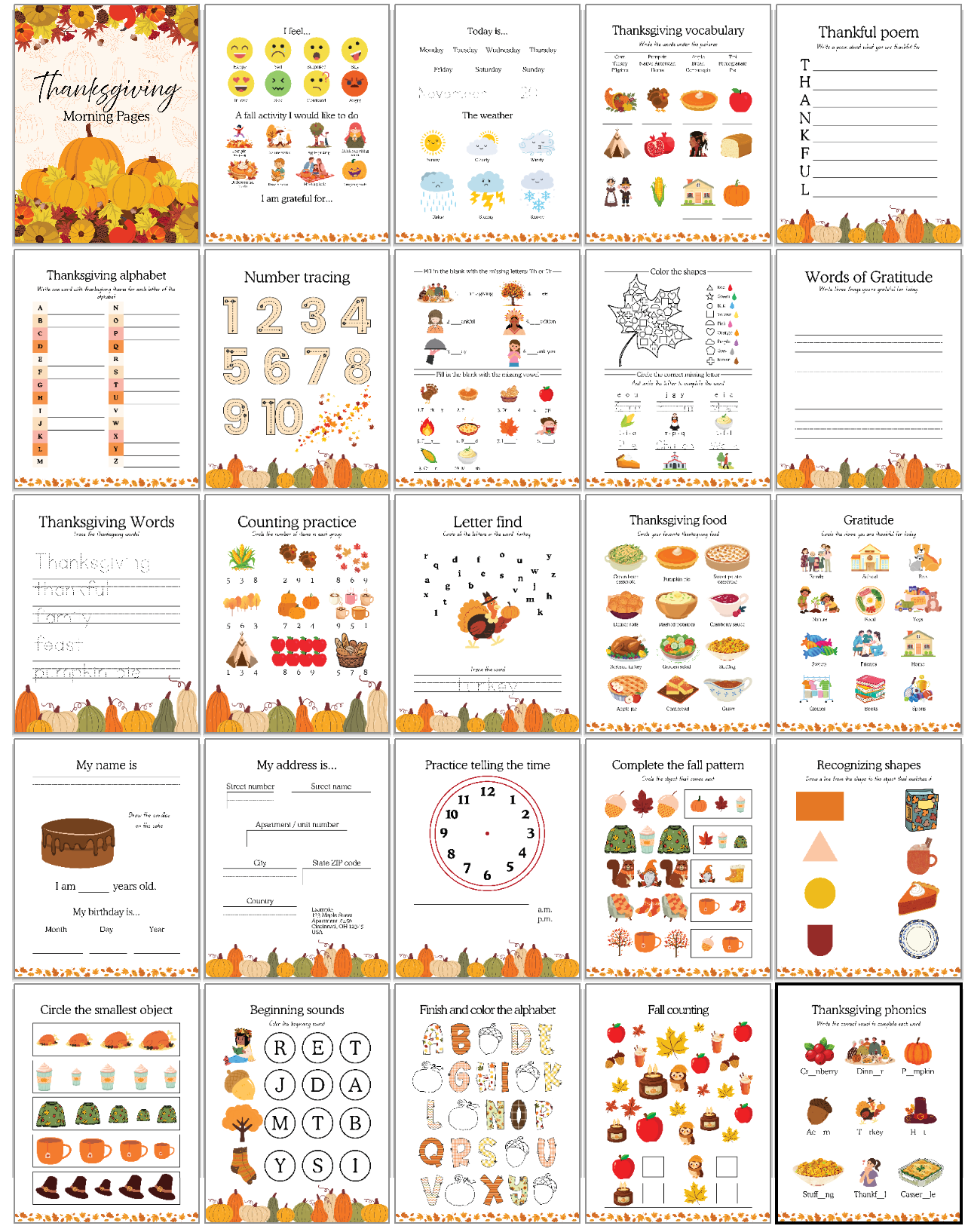 Collection of educational Thanksgiving-themed worksheets on a white background