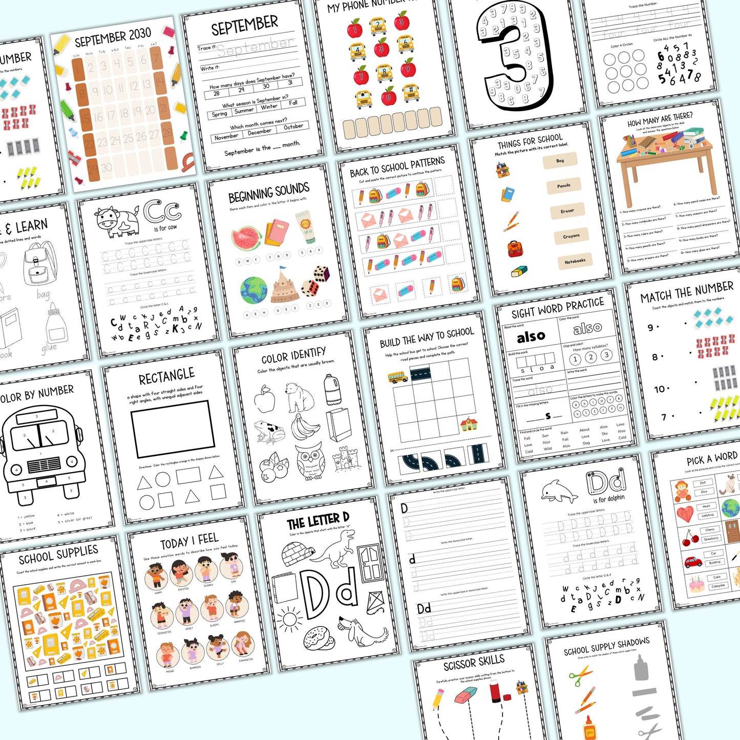 Collection of educational worksheets for children on a light blue background