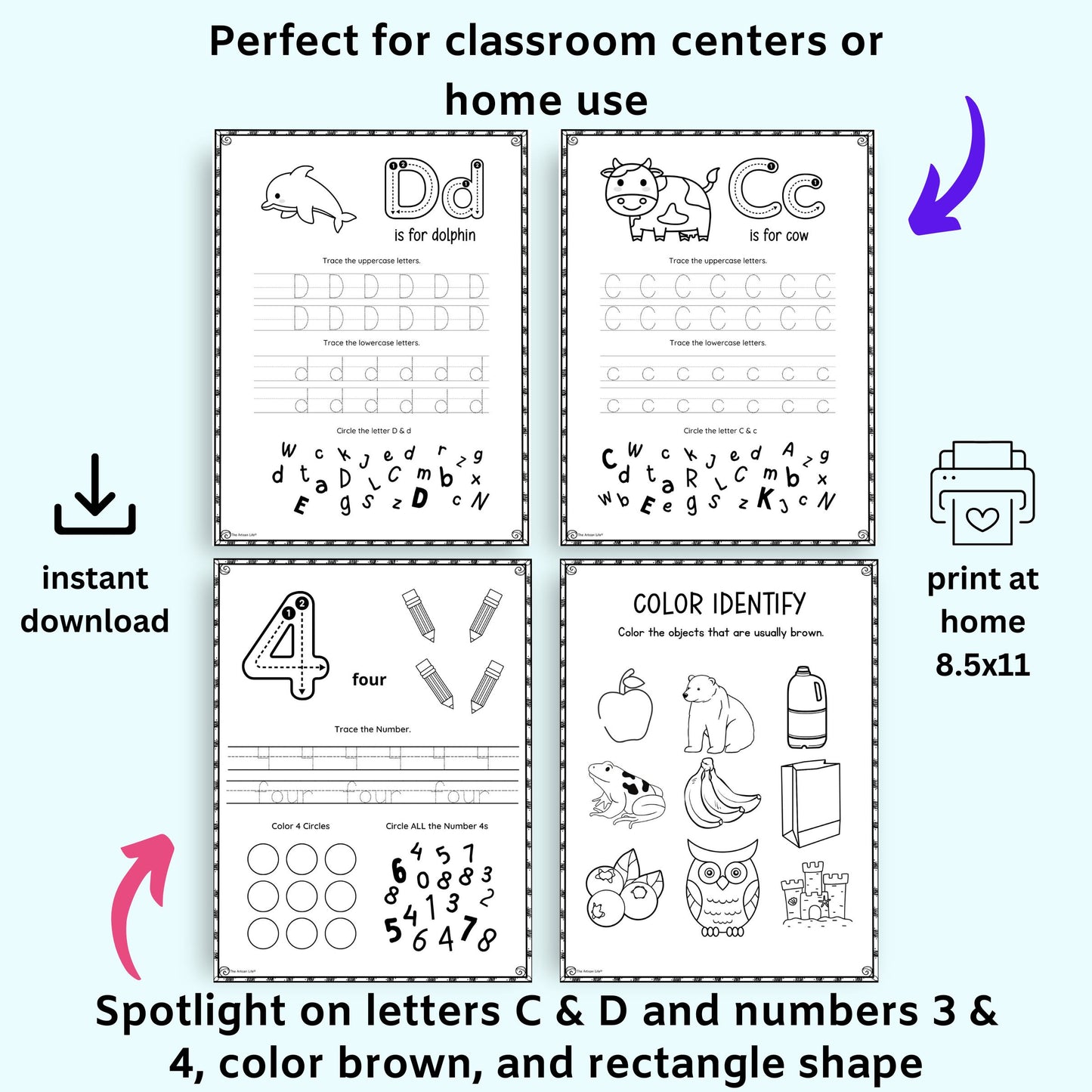 Educational worksheets for letters C and D, numbers 3 and 4, and color brown with text indicating use for classroom centers or home use.