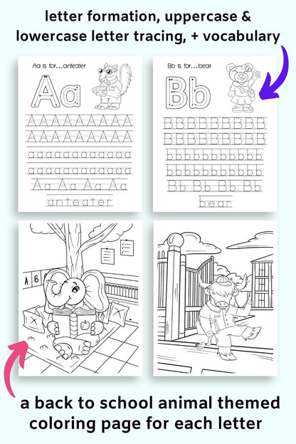 a preview of four interior pages from an alphabet tracing and coloring book with a back to school animal theme