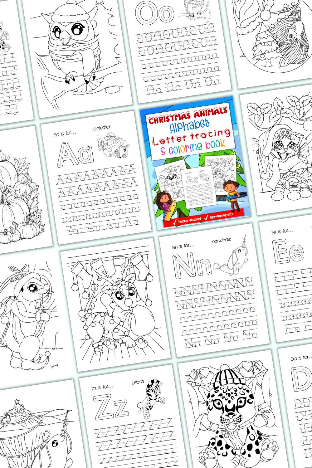 A preview of 12 interior pages from a Christmas animal themed handwriting workbook with coloring pages