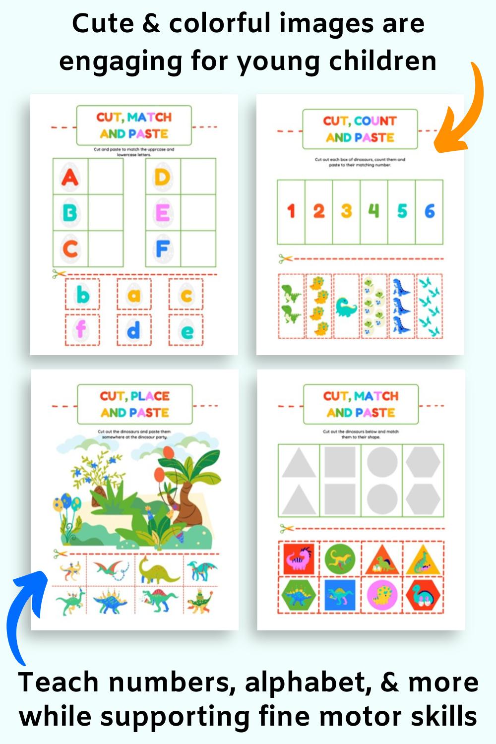 Pages from the inside of a dinosaur themed cut and paste activity book