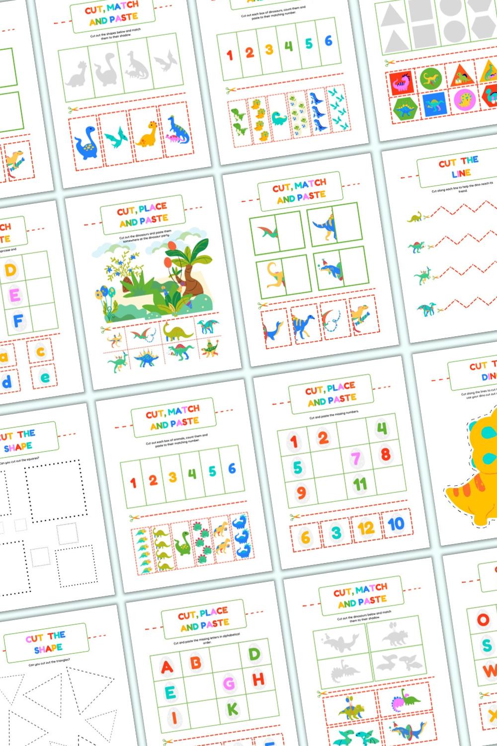Pages from the inside of a dinosaur themed cut and paste activity book