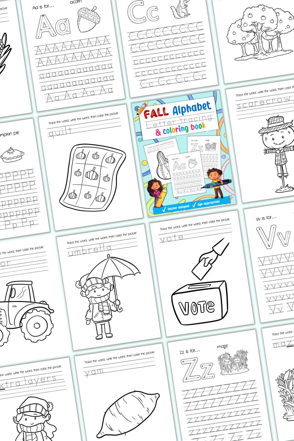 A preview of pages from a fall themed alphabet tracing and coloring book for kids