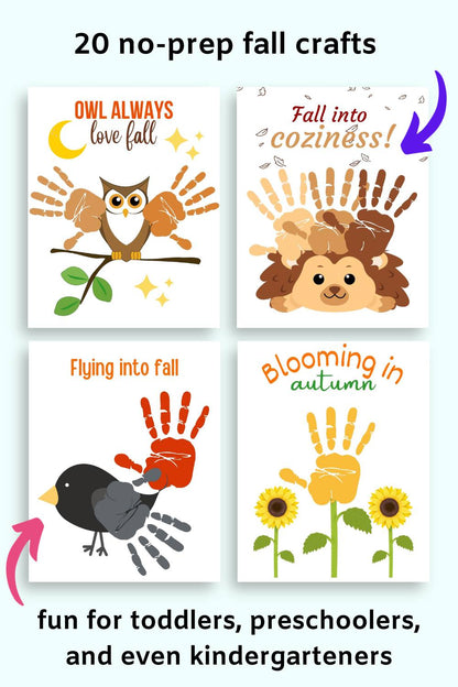 text "20 no-prep fall crafts" and "fun for toddlers, preschoolers, and even kindergarteners" with a preview of four handprint craft pages