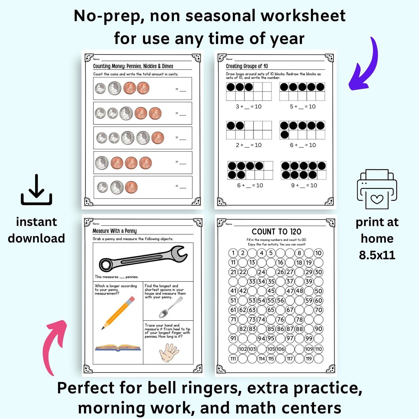 Educational worksheets for counting money, measuring, and number recognition on a white background.