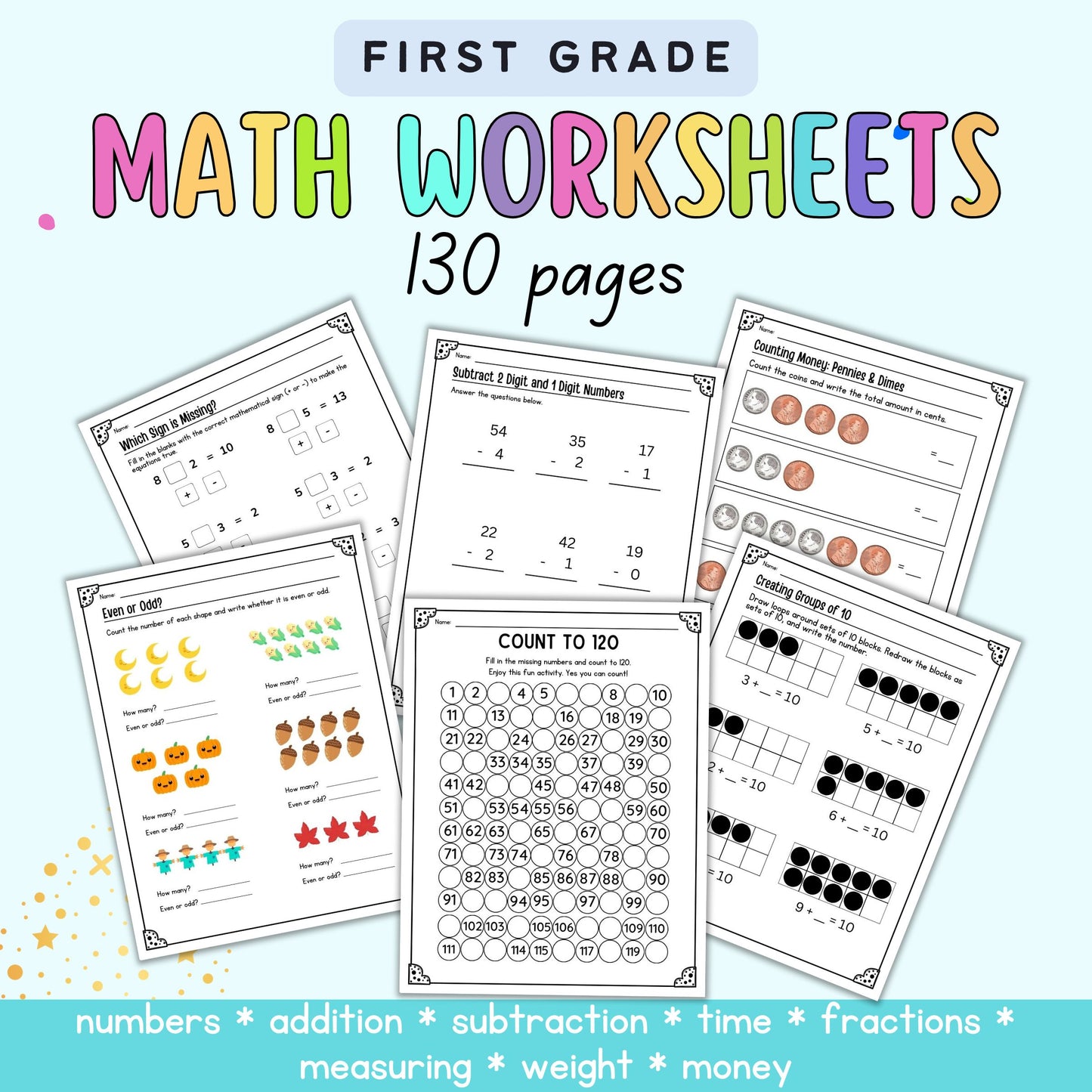 First grade math worksheets with colorful text on a light blue background