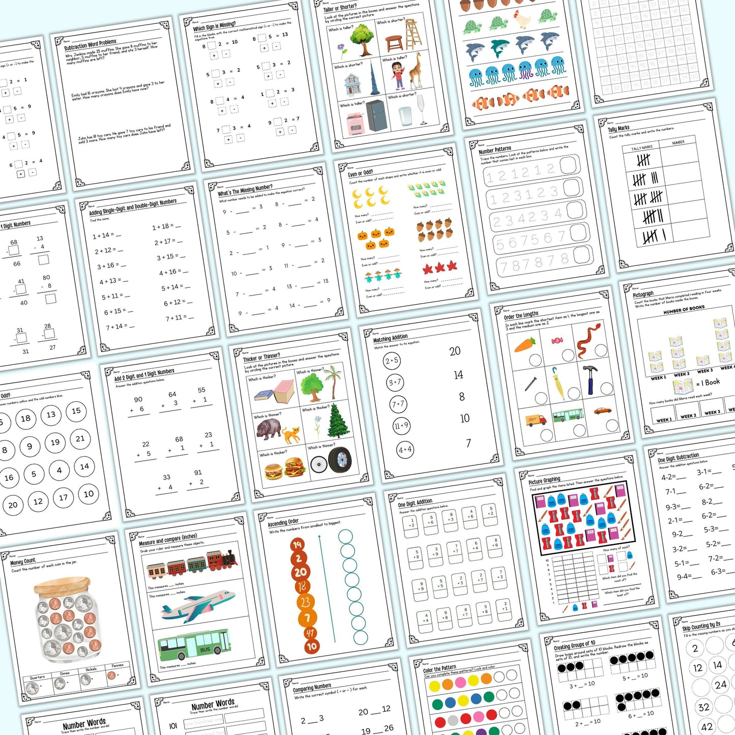 Collection of educational worksheets with various activities and illustrations on a light blue background.