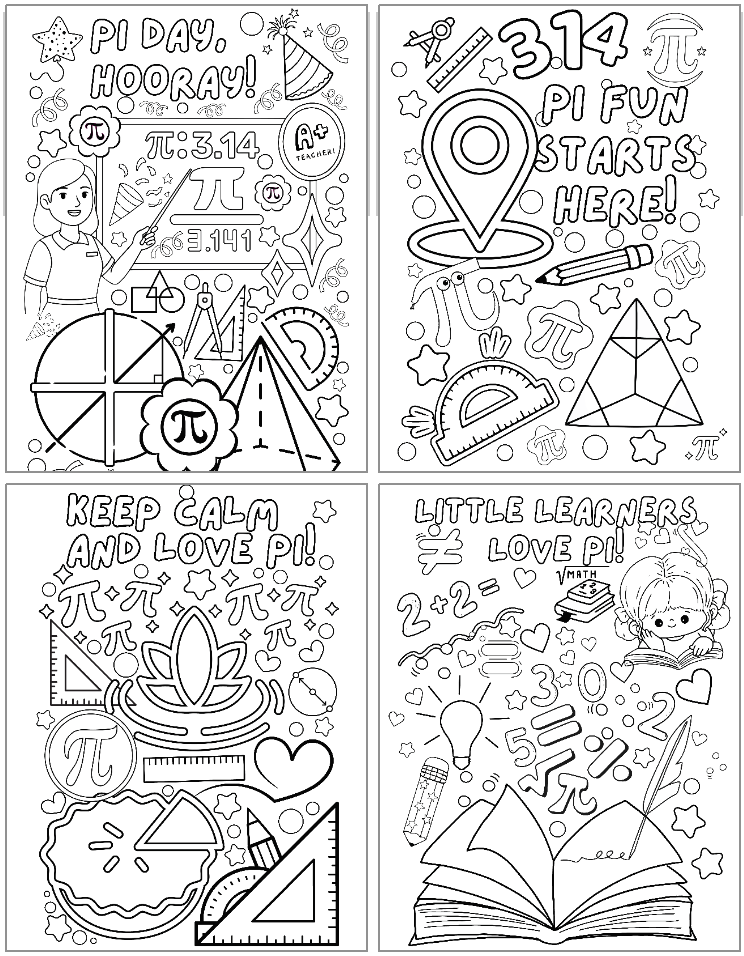 Four Pi Day-themed coloring pages with various graphics and text.