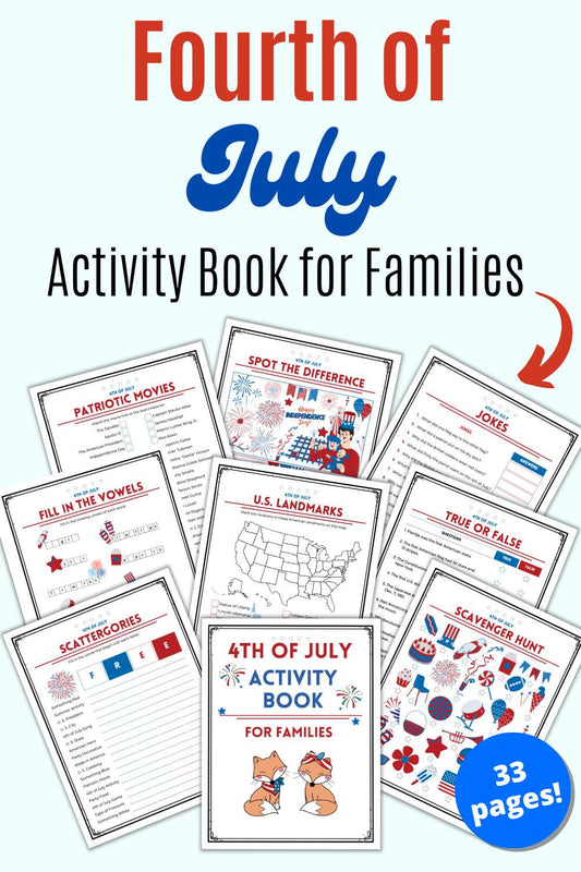 A preview of pages from a Fourth of July activity book for families
