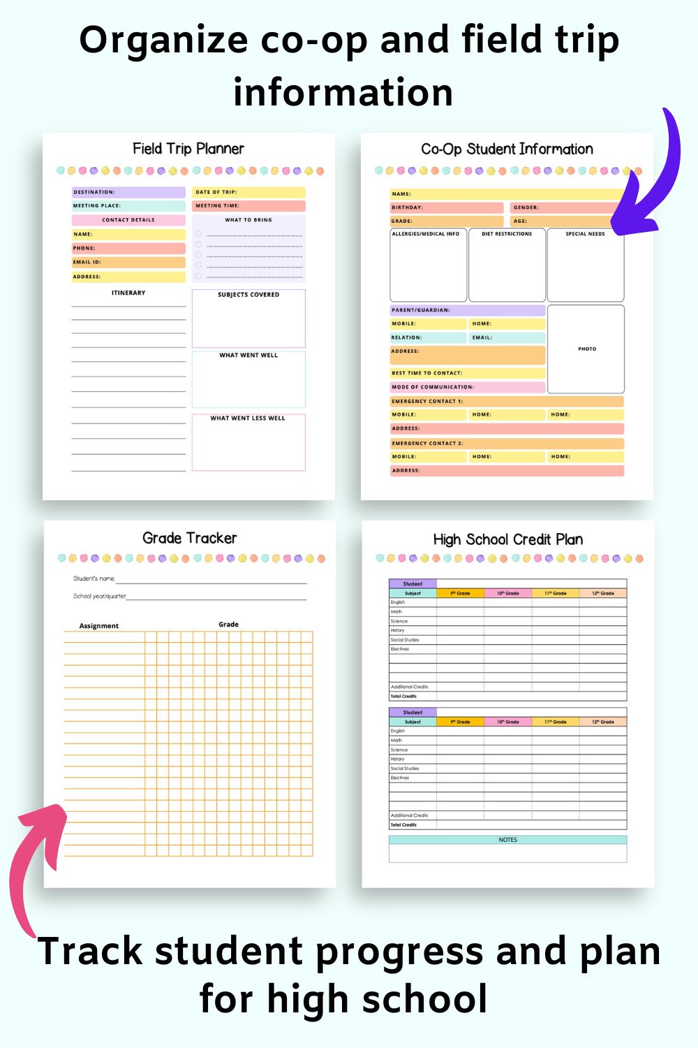 text "organize co-op and field trip information" and "track student progress and plan for high school"