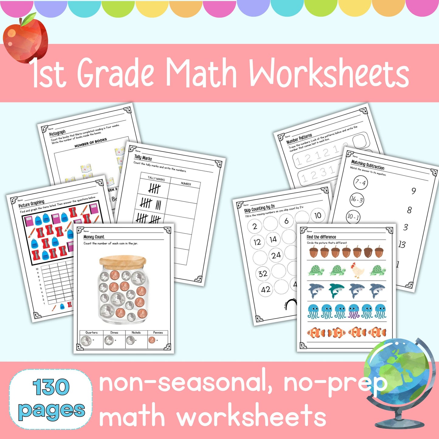 Collection of 1st Grade Math Worksheets with a colorful border and apple icon.