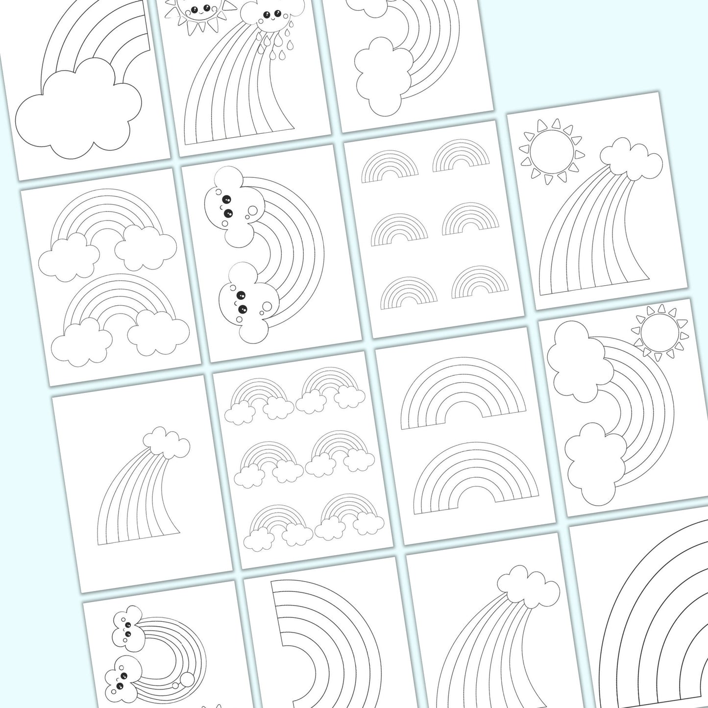 a grid with a preview of printable rainbow coloring pages and templates