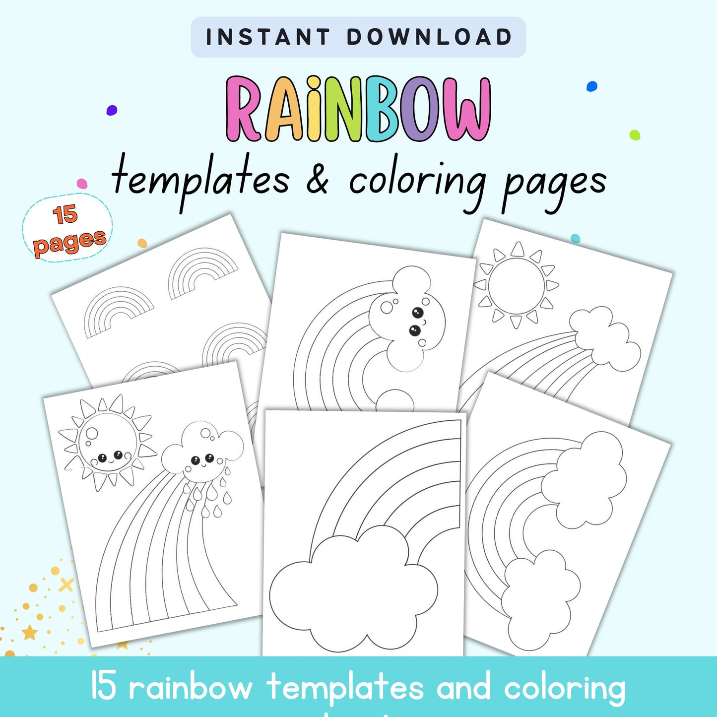 text "instant download rainbow coloring pages and templates" with a preview of six rainbow coloring pages