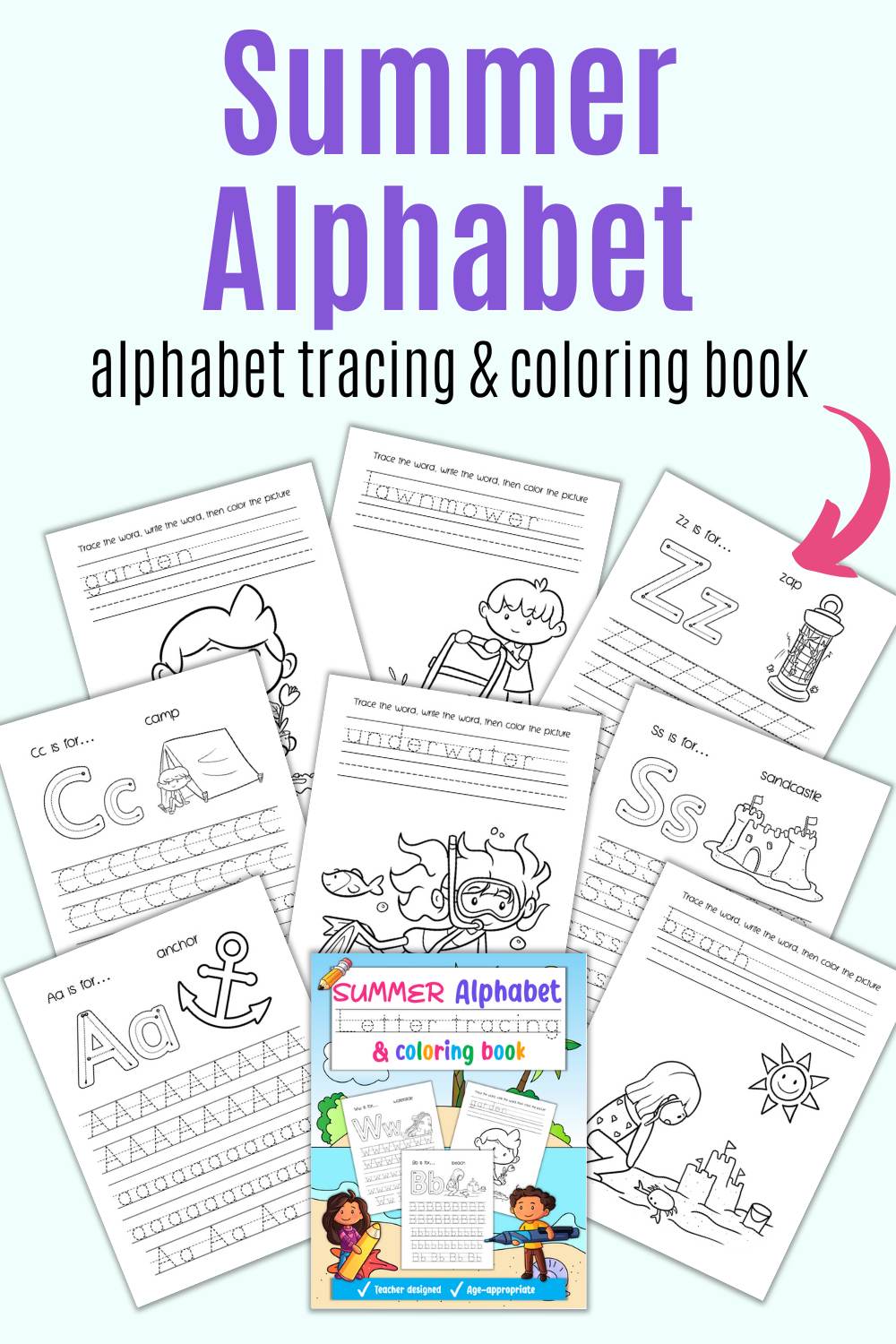 Text "summer alphabet tracing and coloring book" with a preview of 9 pages of summer alphabet coloring and letter tracing pages