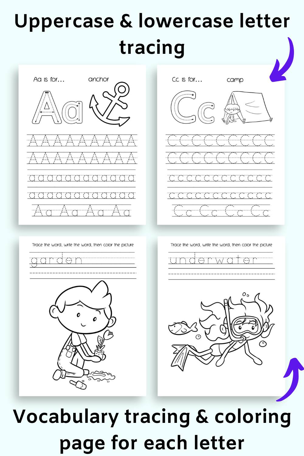 Text "uppercase & lowercase vocabulary tracing" and "vocabulary tracing & coloring for each letter"