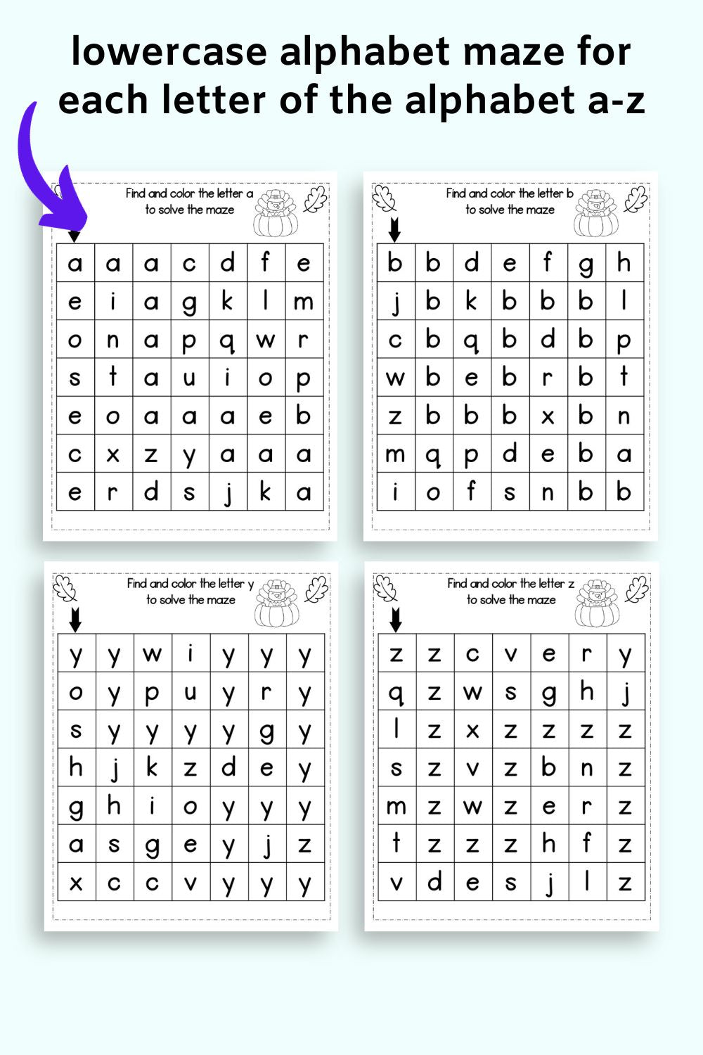 A preview of four lowercase alphabet mazes with letters a, b, y, and z