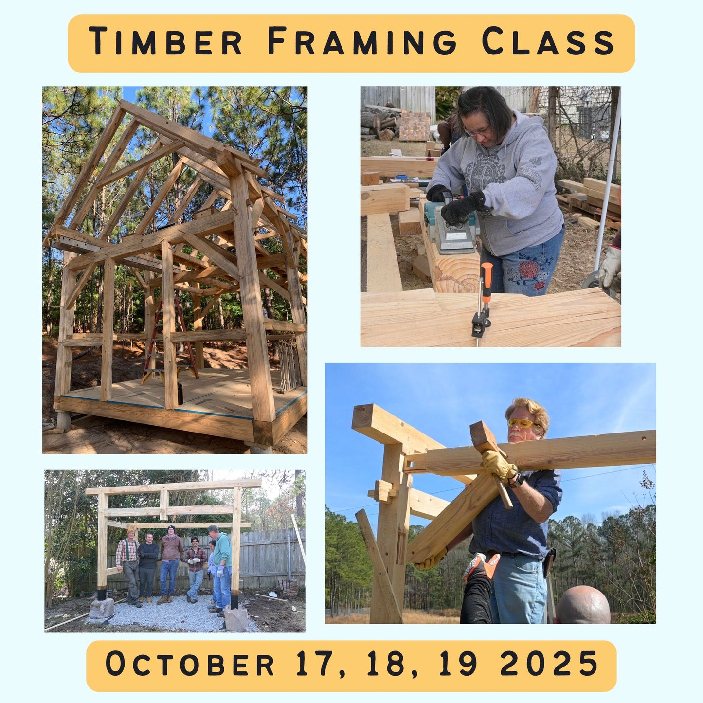 an infographic advertising a timber framing class for october 2025