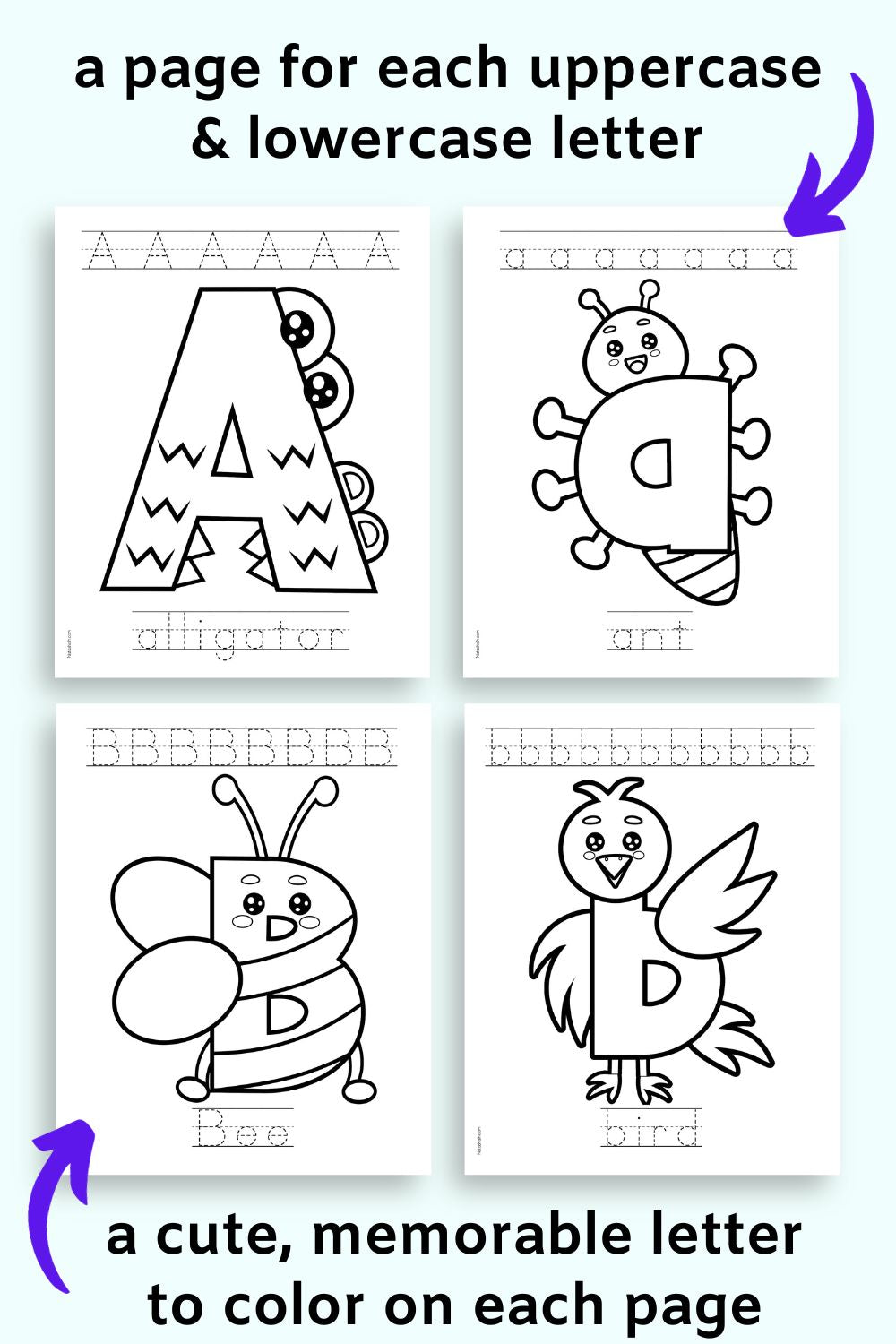 Text "a page for each uppercase and lowercase letter" and "a cute, memorable letter to color on each page"