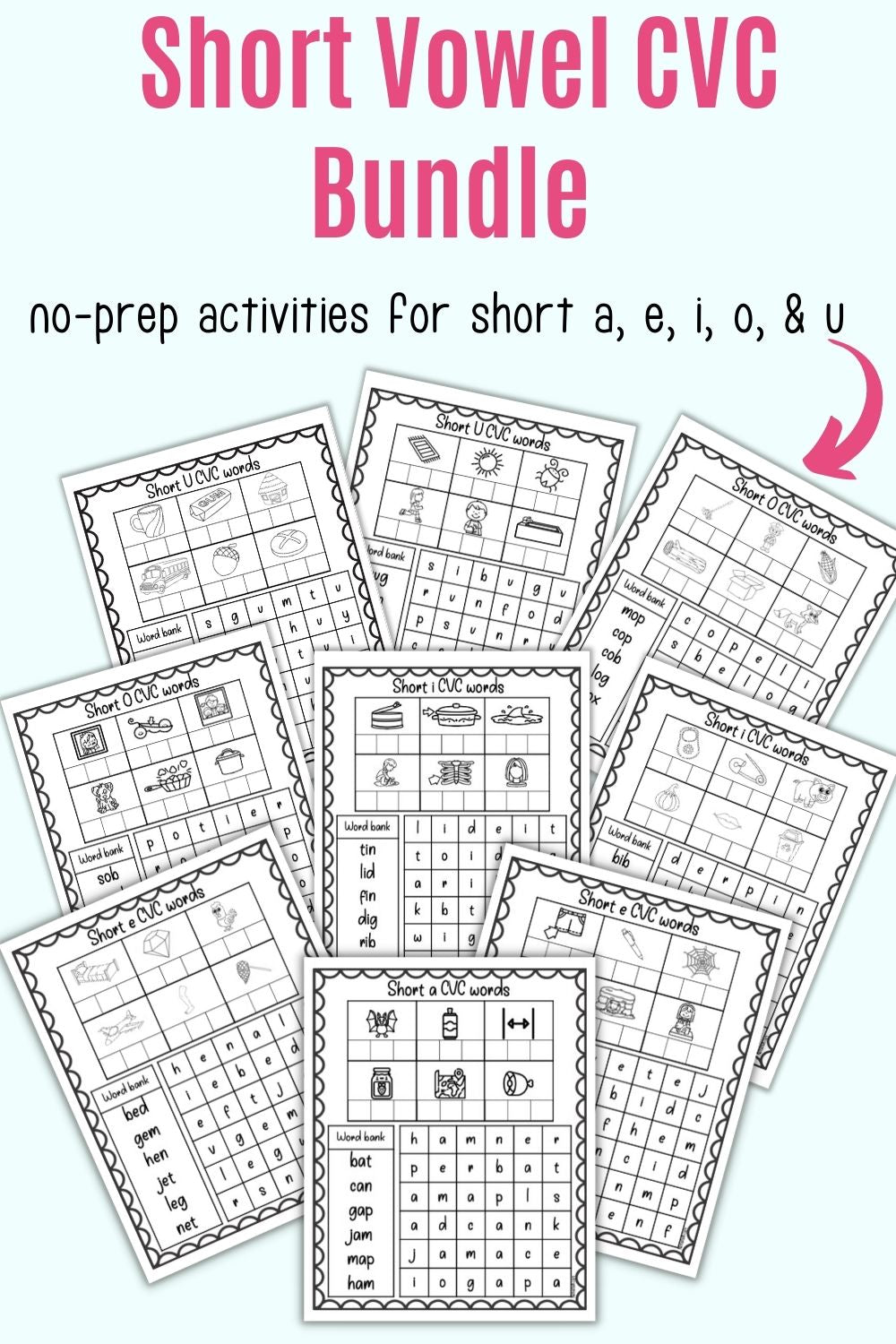 Text "short vowel cvc bundle" with a preview of nine page of printable CVC word activity