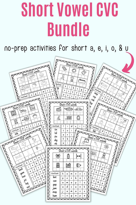 Text "short vowel cvc bundle" with a preview of nine page of printable CVC word activity 