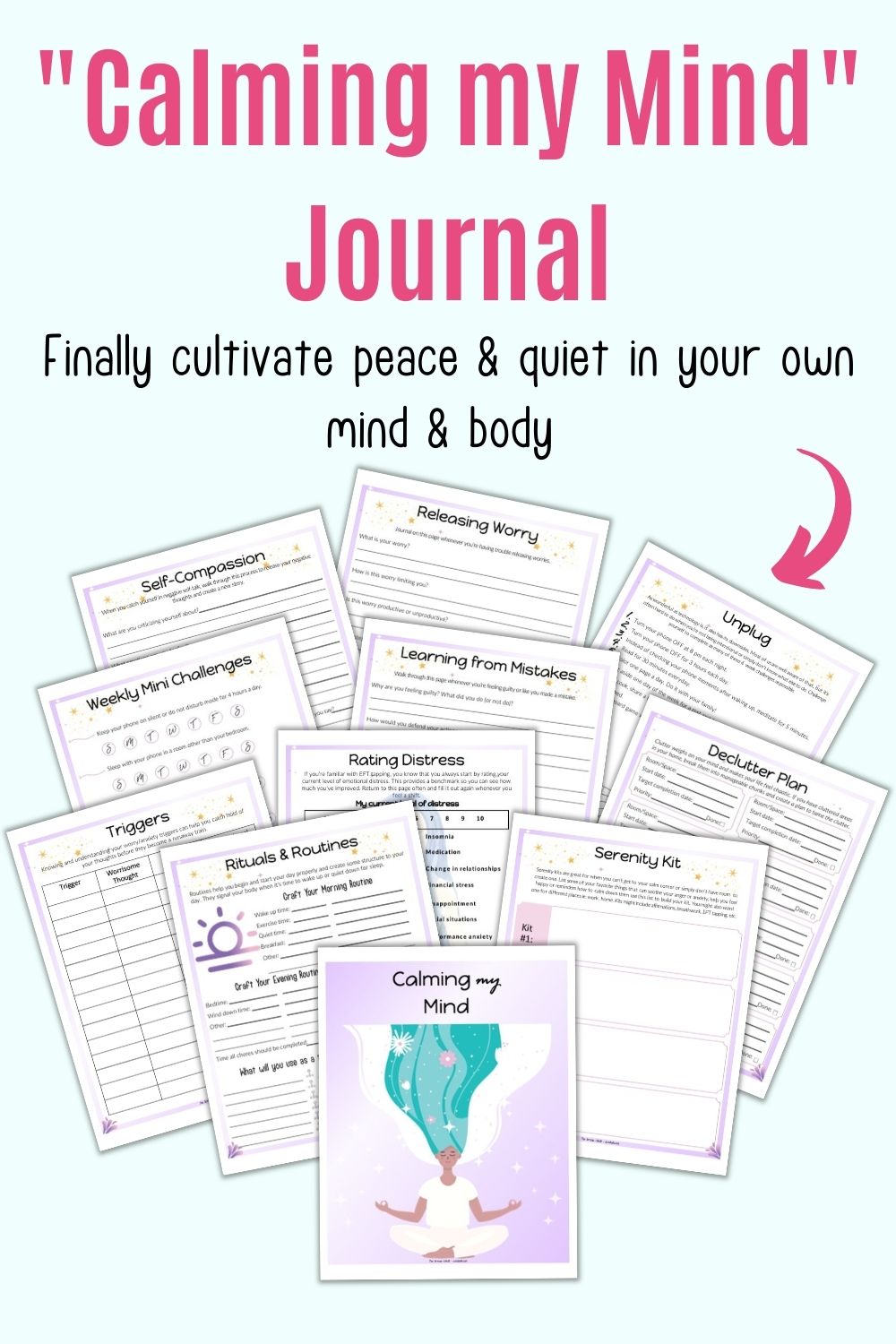 Text "Calming my mind Journal" above a preview of 11 pages from a printable journal
