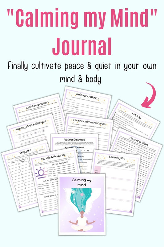 Text "Calming my mind Journal" above a preview of 11 pages from a printable journal