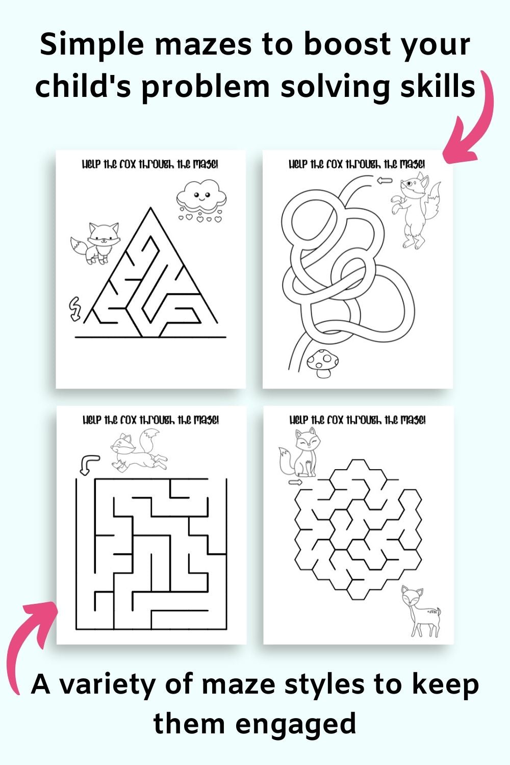 Text "simple mazes to boost your child's problem solving skills" and "a variety of mazes style to keep them engaged" with a preview of four easy mazes