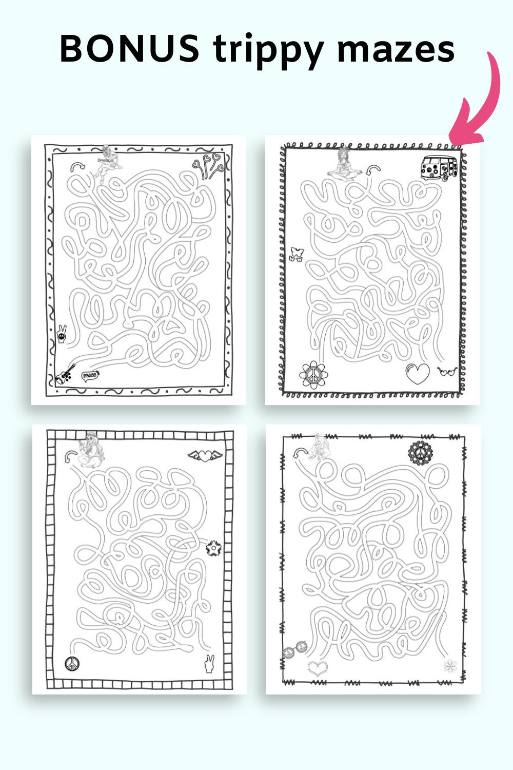 Text "bonus trippy mazes" with an arrow pointing at four page with hand drawn mazes