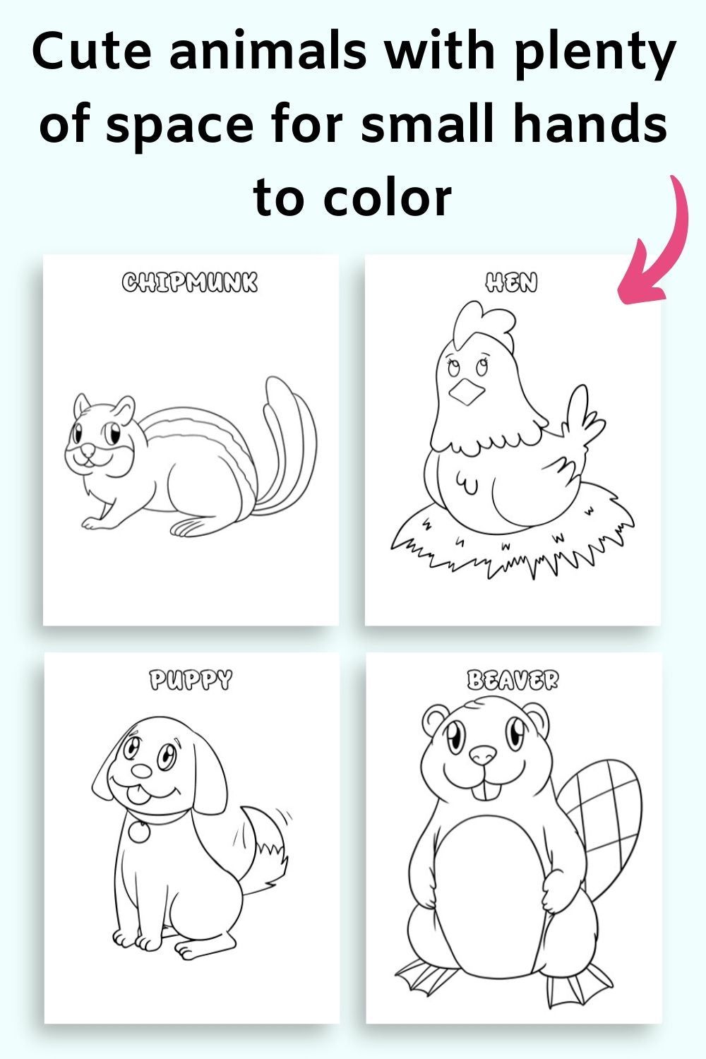 Text "cute animals with plenty of space for small animals to color" above a preview of four pages of animal color sheet.