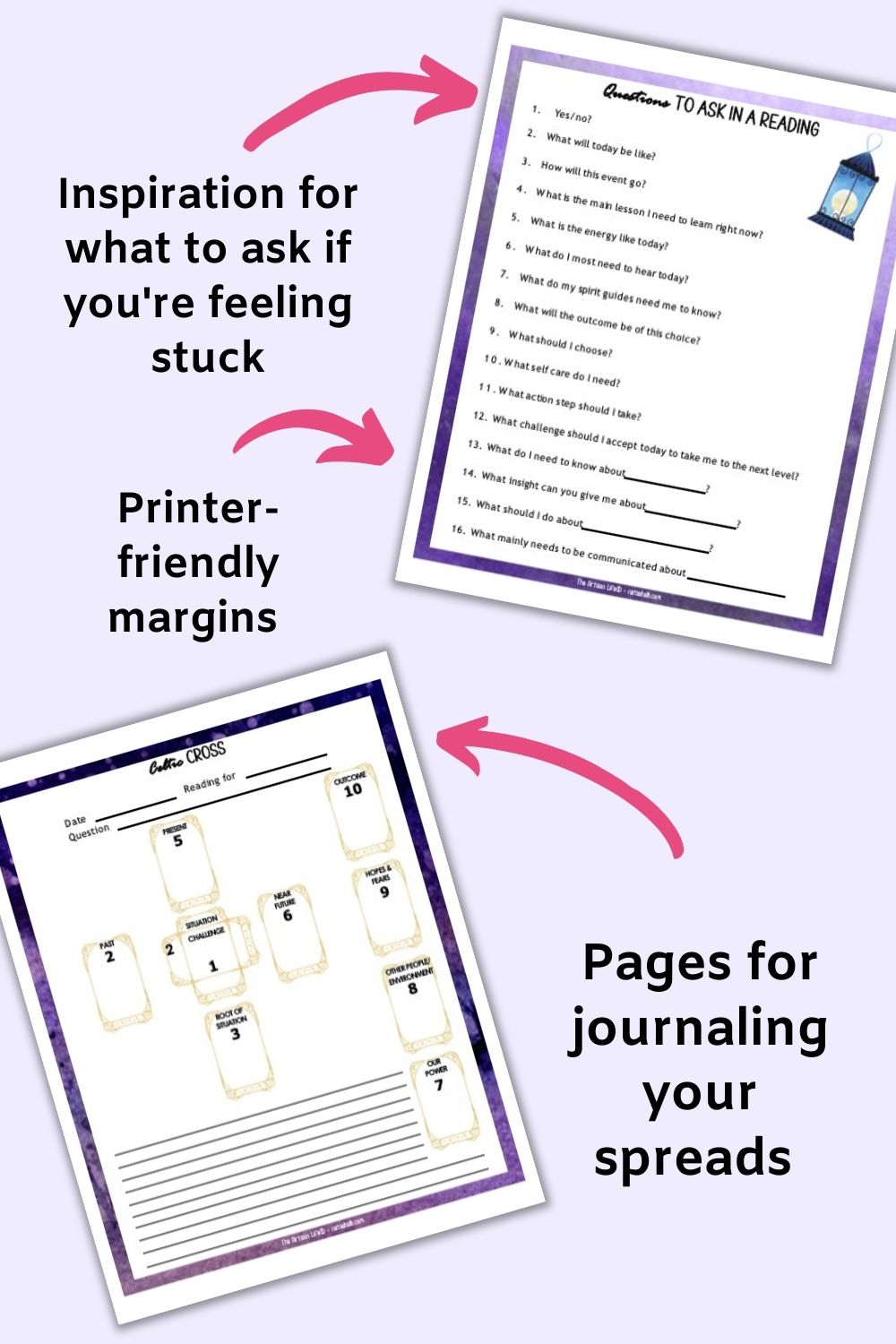 A preview of a "questions to ask in a reading" page and a page for journaling a Celtic cross spread