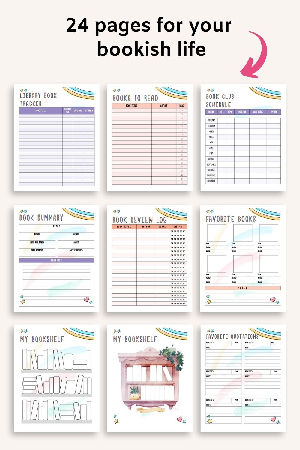 text "24 pages for your bookish life" with a pink arrow pointing at previews of 9 printable pages from a book journal