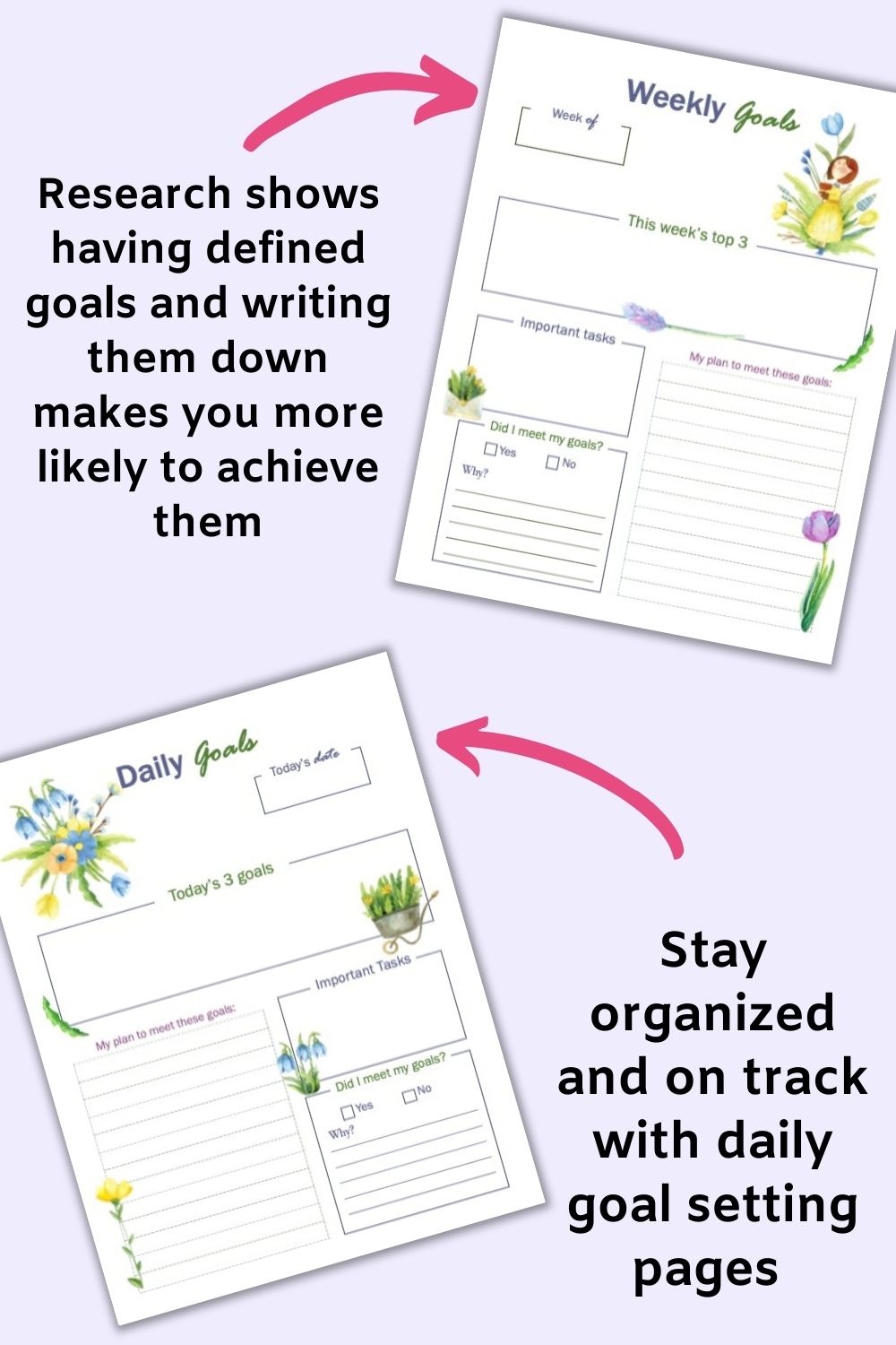 A preview of a weekly goals planner page with floral watercolors and a daily goals planner page with watercolor florals