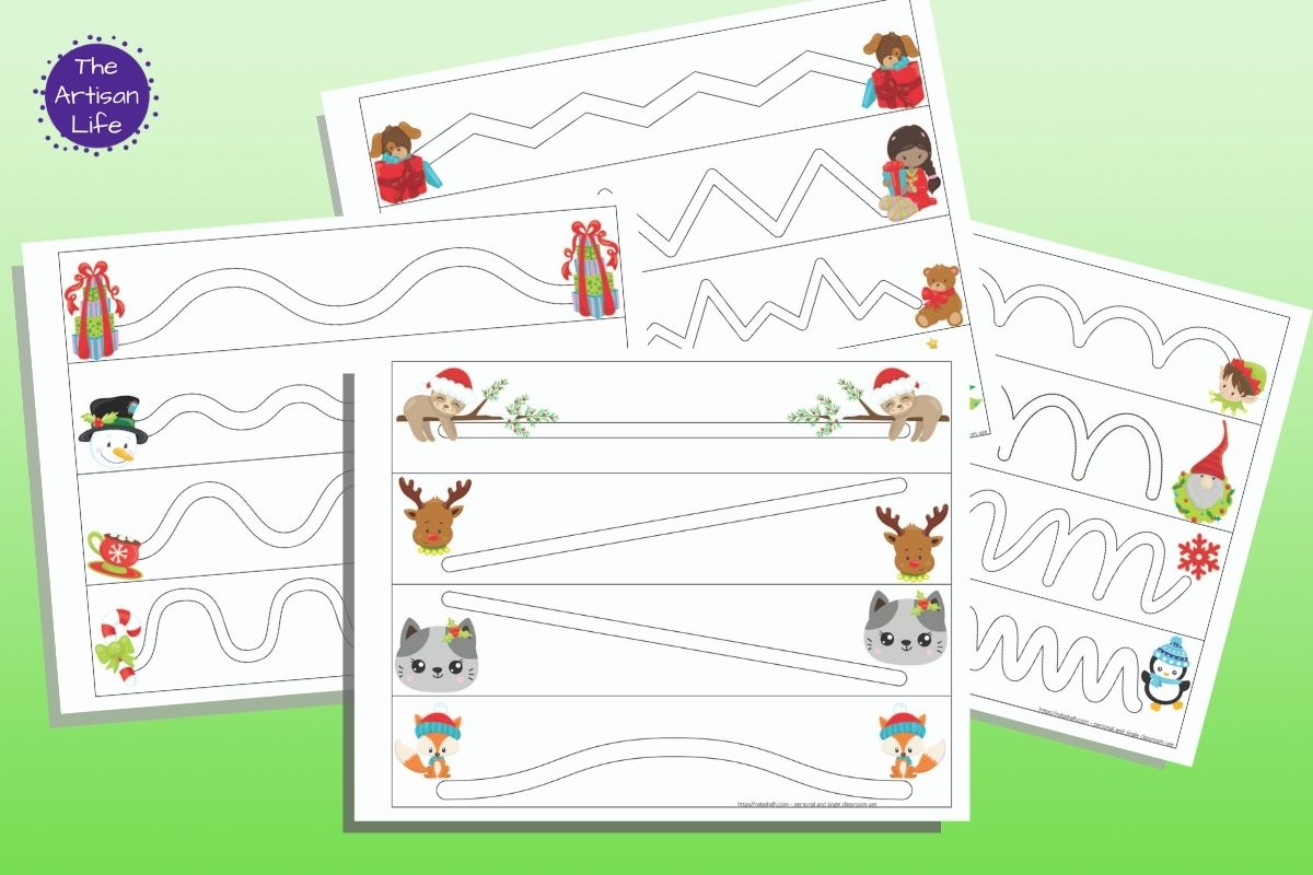 four Christmas trace in the path pages with wide lines to trace ranging from a straight line to zigzags