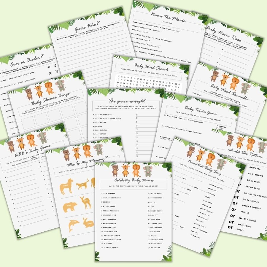 Baby Shower Games Value Bundle - Safari Animal Gender Neutral Theme