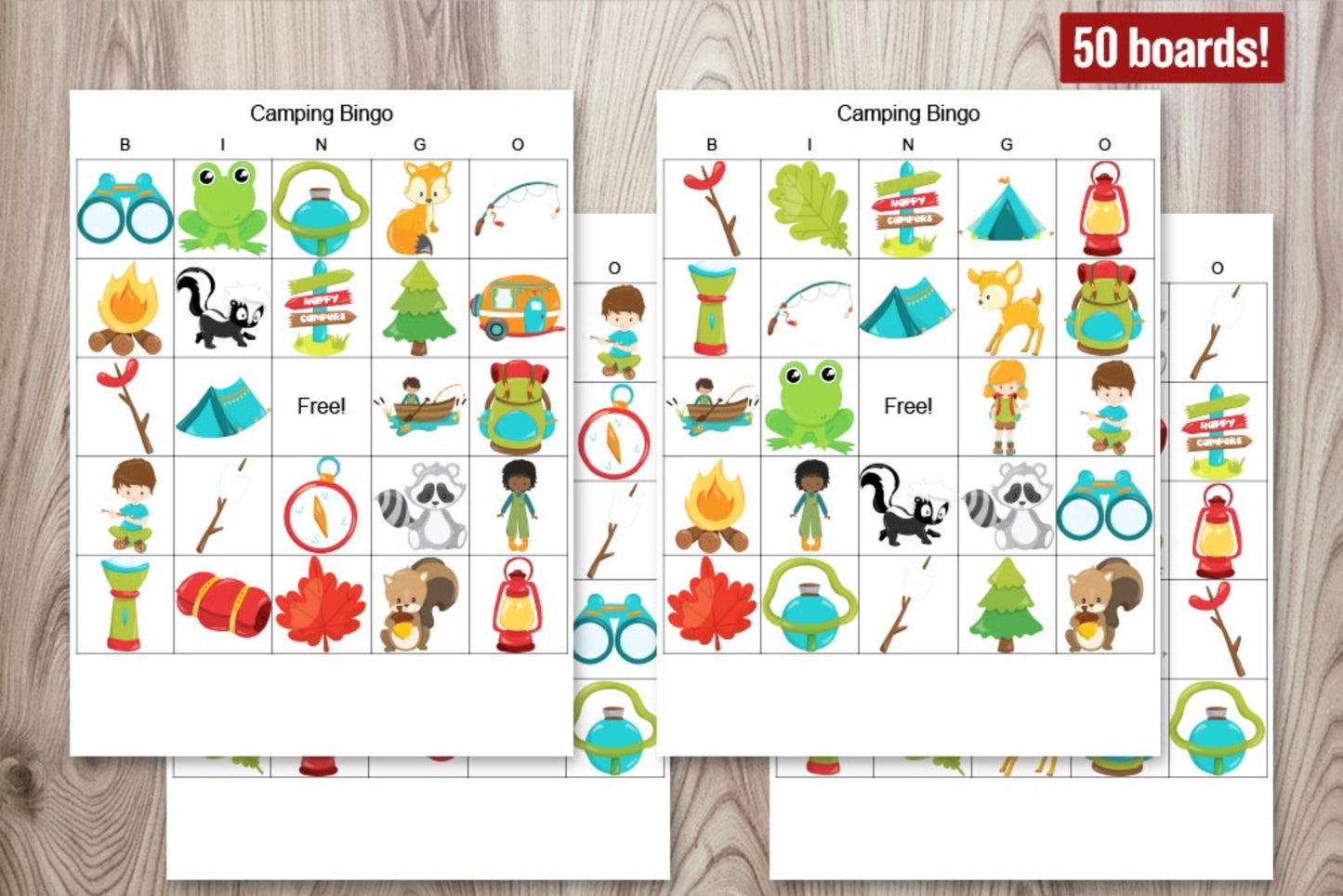 Camping Bingo for Groups - set of 50 printable camping bingo boards