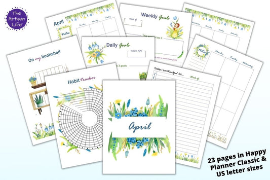 A preview of 9 printable April planner pages with watercolor floral illustrations