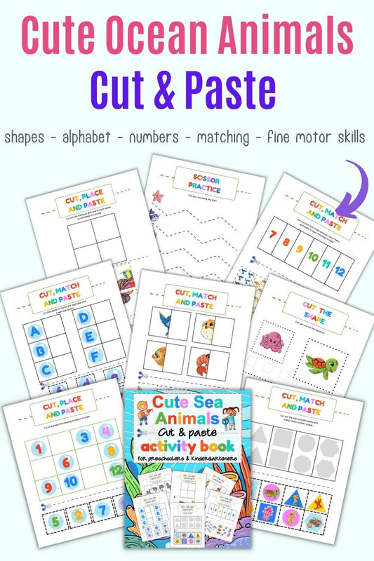 Text "cute ocean animals cut and past shapes - alphabet - numbers- matching - fine motor skills