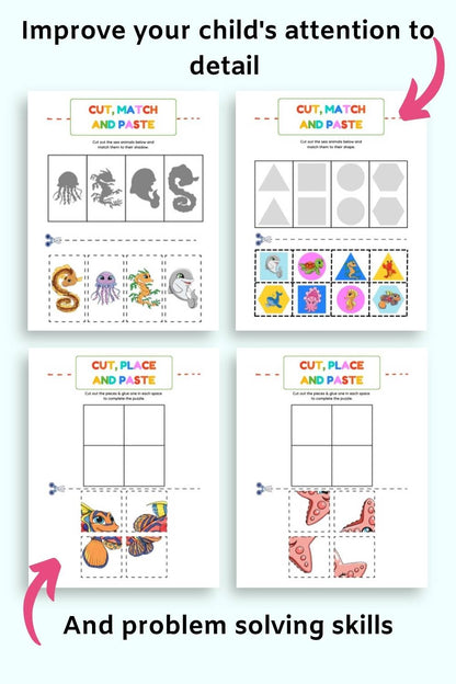 Text "improve your chid's attention to detail and problem solving skills" with previews of a shadow matching activity, a shape matching activity, and two cut and paste puzzles.
