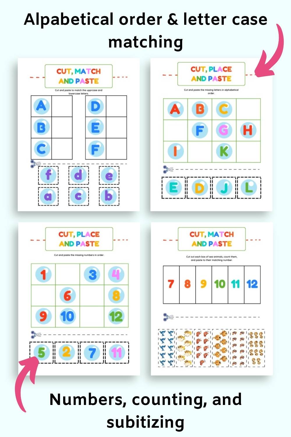Text "alphabetical order and letter case matching" and "numbers, counting, and subitizing" with previews of alphabet and counting cut and paste pages.
