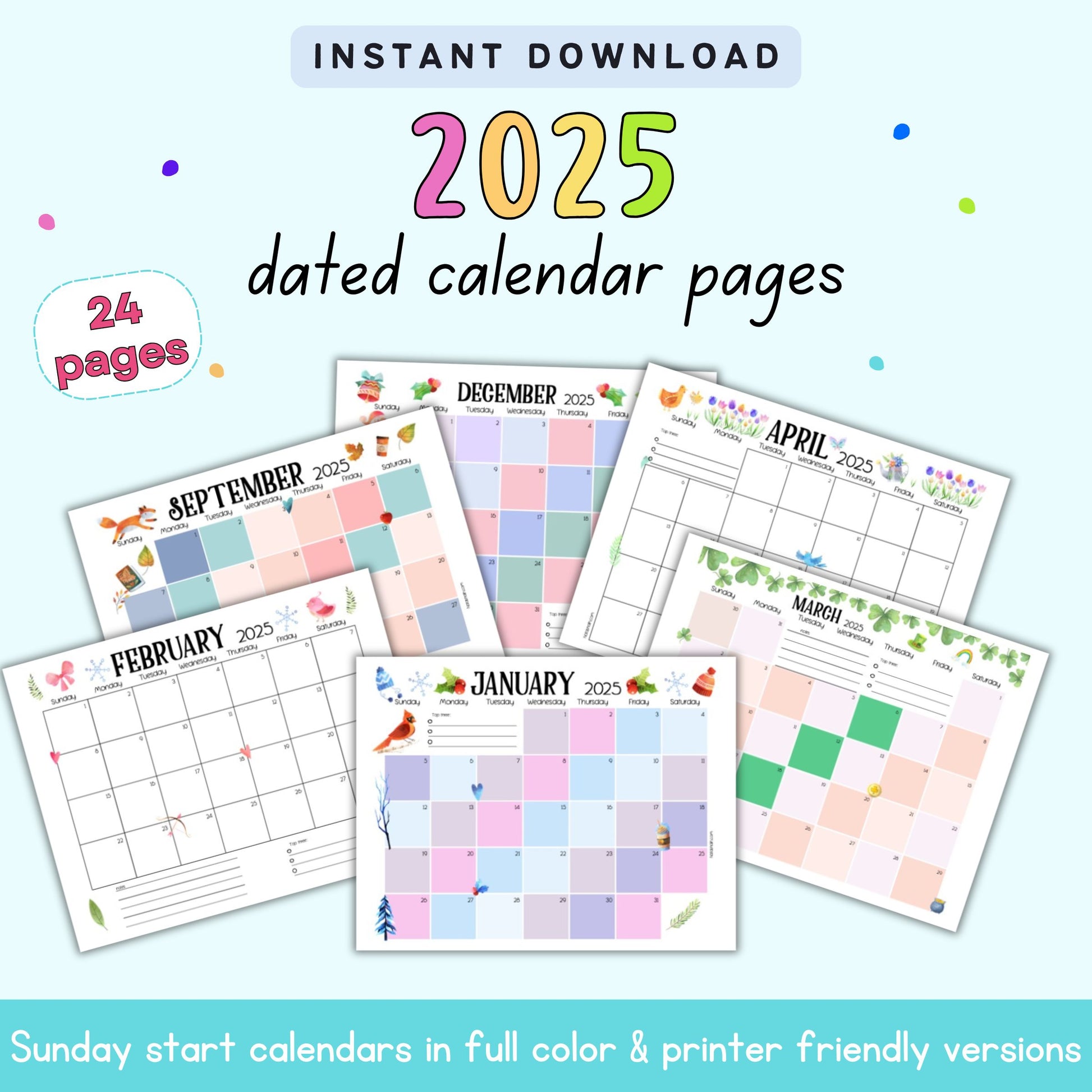 text "instant download 2025 daed calendar pages" with a preview of dated calendar pages