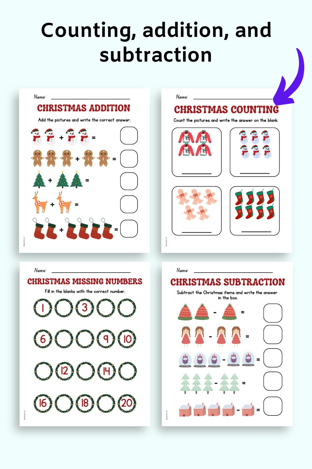text "counting, addition , and substraction" with a preview of four activity pages