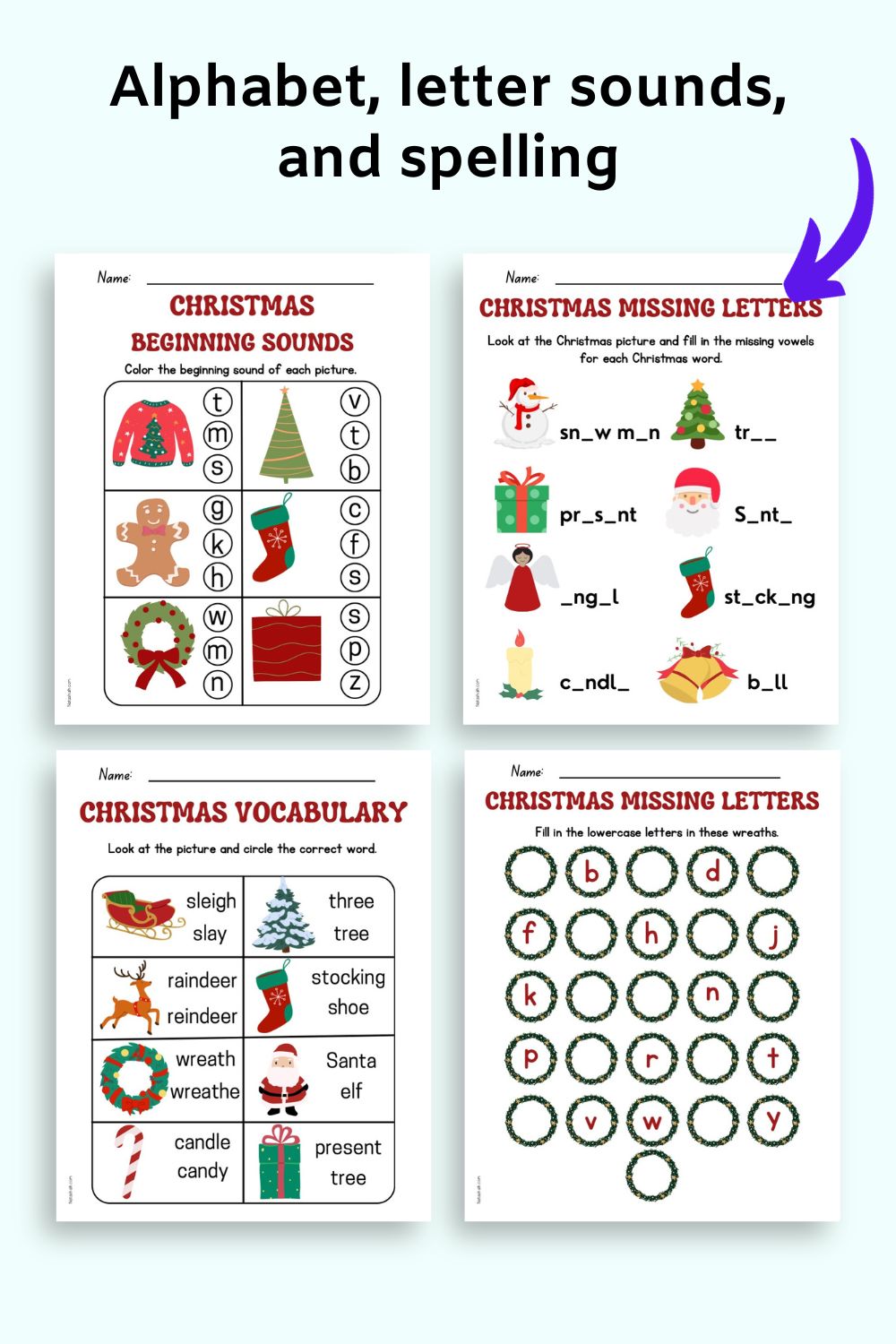 text "alphabet, letter sounds, and spelling" with a preview of four activity pages