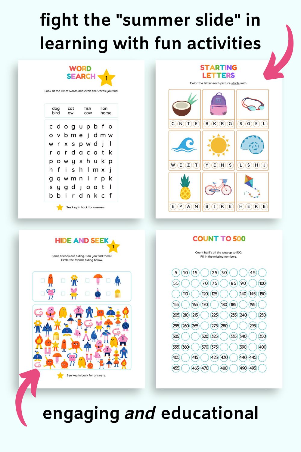 Four activity pages for kids: a word search, starting letter find, I spy, and skip counting to 500