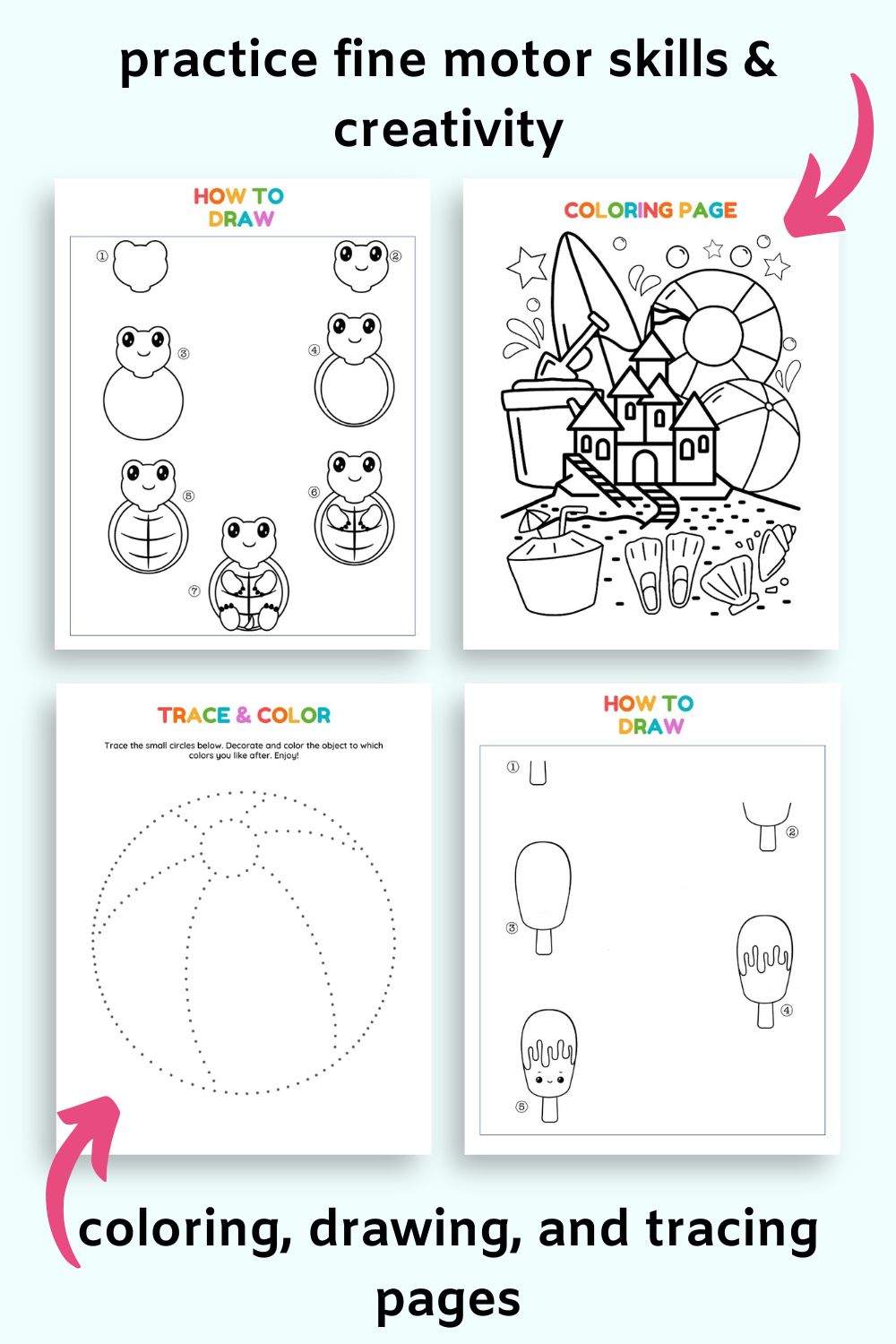 How to draw a turtle, a coloring page, a beachball tracing page, and a popsicle how to draw