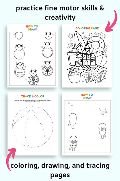 How to draw a turtle, a coloring page, a beachball tracing page, and a popsicle how to draw