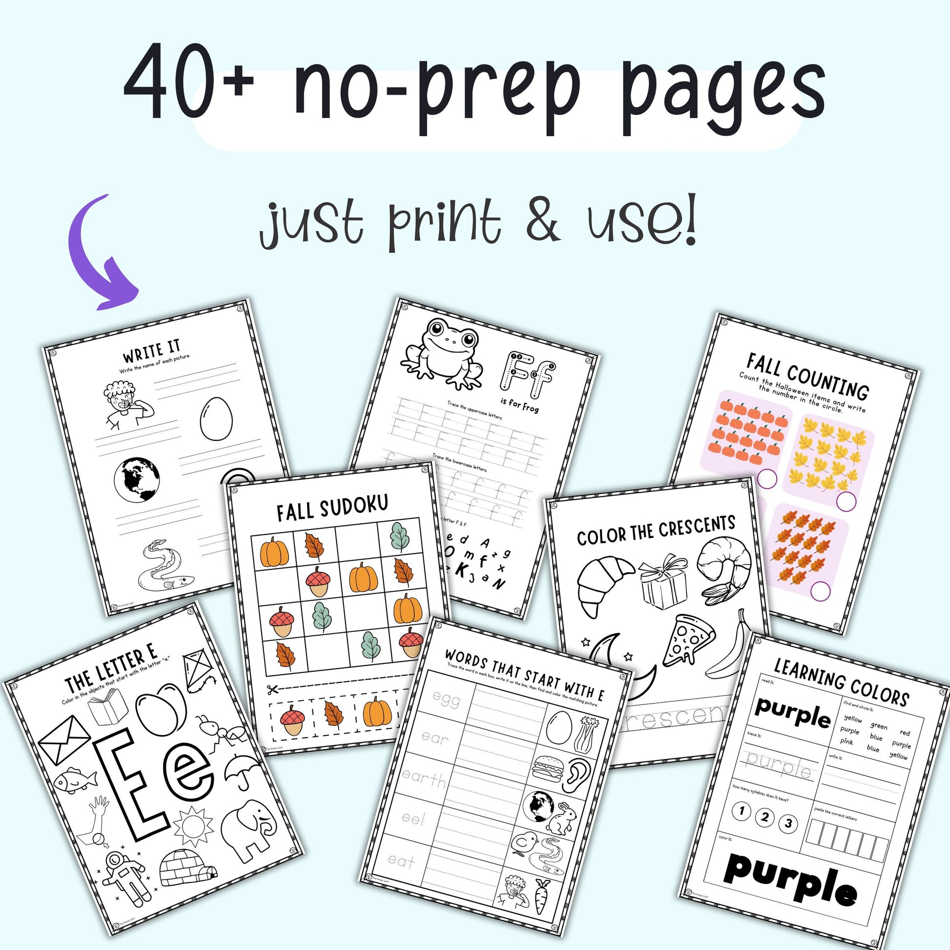 Collection of educational worksheets for children with various activities on a light blue background.